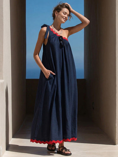 A-Line Loose Pleated Pockets Split-Joint Tied One-Shoulder Maxi Dresses