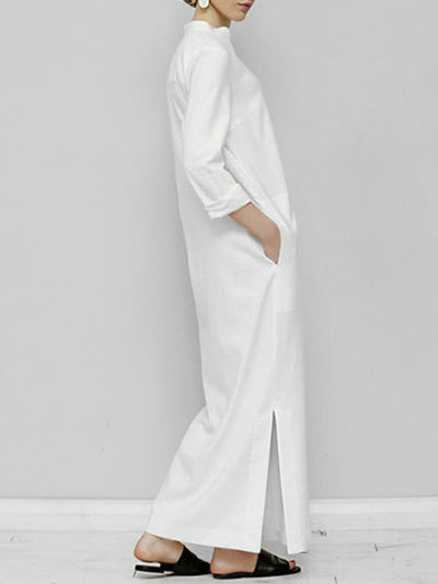 Long Sleeves Loose Solid Color Split-Joint V-Neck Maxi Dresses