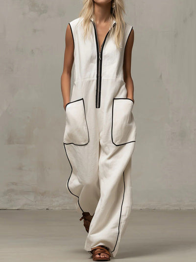 Loose Sleeveless Contrast Color Line Pockets Split-Joint Zipper Stand Collar Jumpsuits