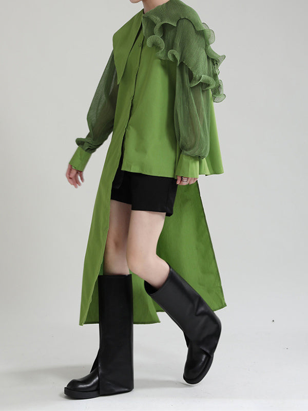 Long Sleeves Loose Asymmetric Pleated Solid Color Split-Joint Falbala Lapel Blouses&Shirts Tops