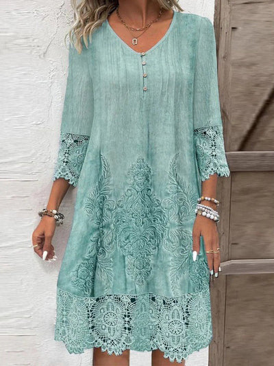 A-Line Long Sleeves Flower-Embellished Buttoned Contrast Color Split-Joint V-Neck Midi Dresses