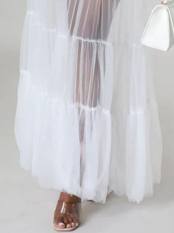 Puff Sleeves Gauze Pleated See-Through Solid Color Split-Joint Tied Waist Lapel Maxi Dresses