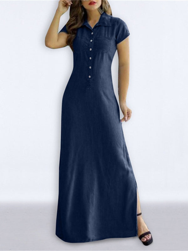 High Waisted Plus Size Buttoned Pockets Split-Side Lapel Maxi Dresses