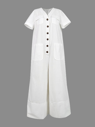 Loose Short Sleeves Buttoned Pockets Solid Color V-Neck Jumpsuits