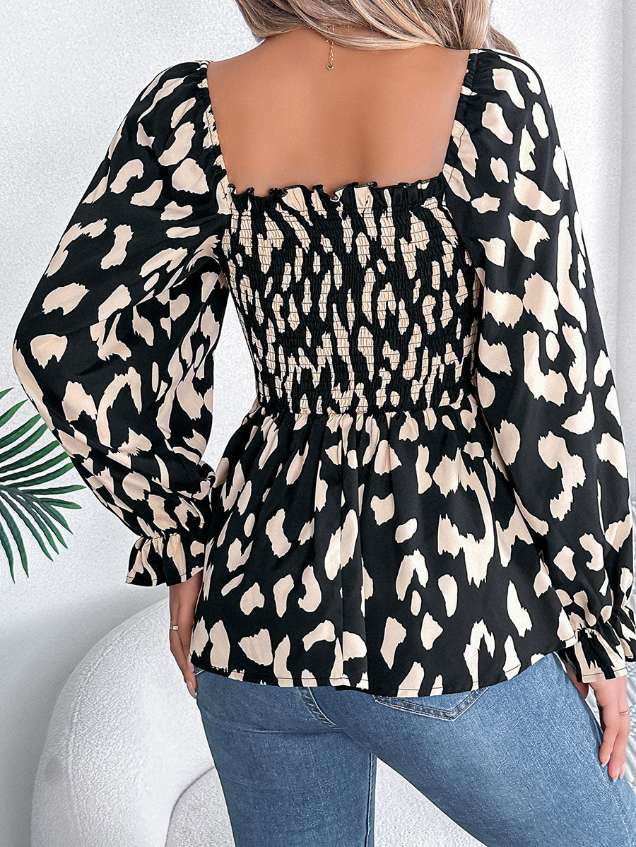 Long Sleeves Puff Sleeves Leopard Pleated Ruffled Square-Neck T-Shirts Tops