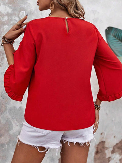 Batwing Sleeves Long Sleeves Ruffled Solid Color Split-Joint Round-Neck Blouses&Shirts Tops