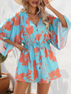 A-Line Half Sleeves Buttoned Drawstring Flower Print V-Neck Mini Dresses