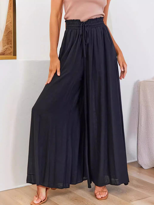 High Waisted Loose Drawstring Elasticity Pleated Pockets Solid Color Pants Trousers