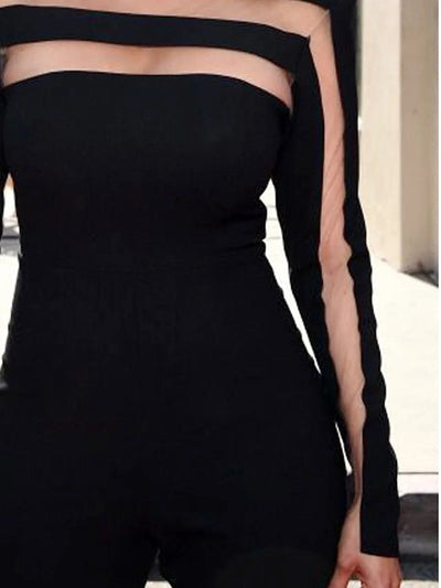 Long Sleeves Skinny Mesh Solid Color Split-Joint High Neck T-Shirts Tops