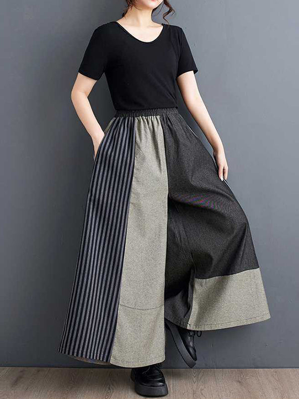 High Waisted Loose Elasticity Pockets Split-Joint Striped Pants Trousers