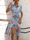 A-Line Loose Buttoned Flower Print Tied Waist Lapel Midi Dresses