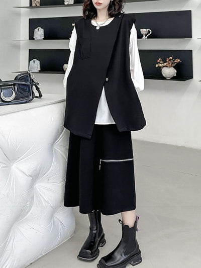 Loose Sleeveless Asymmetric Zipper Round-Neck Vest Top