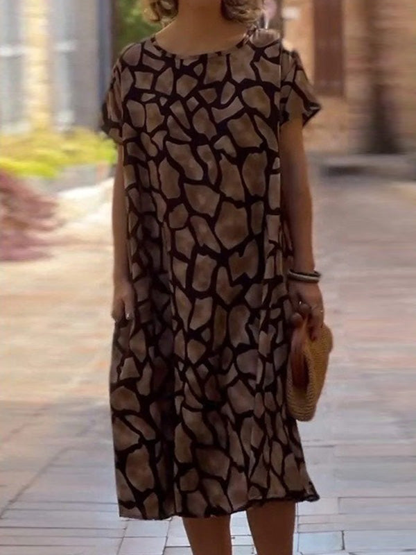 Loose Plus Size Floral Printed Split-Joint Round-Neck Midi Dresses