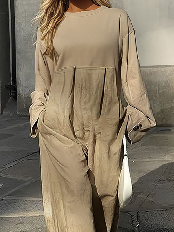 Long Sleeves Loose Pleated Pockets Split-Joint Round-Neck Jumpsuits