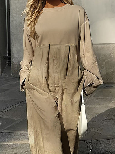 Long Sleeves Loose Pleated Pockets Split-Joint Round-Neck Jumpsuits