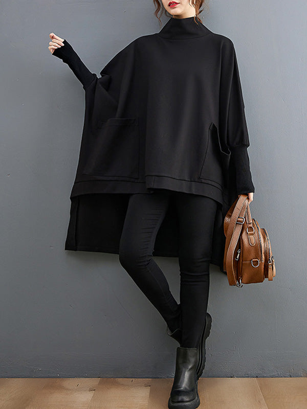 Urban Solid Color High-Neck High-Low Sweatshirt Top