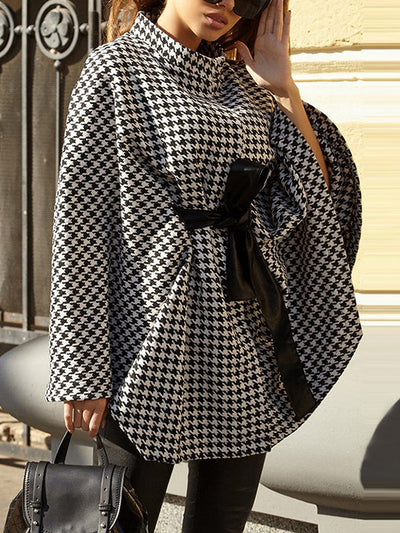 Batwing Sleeves Long Sleeves Houndstooth Tied Waist Stand Collar Cape Outerwear