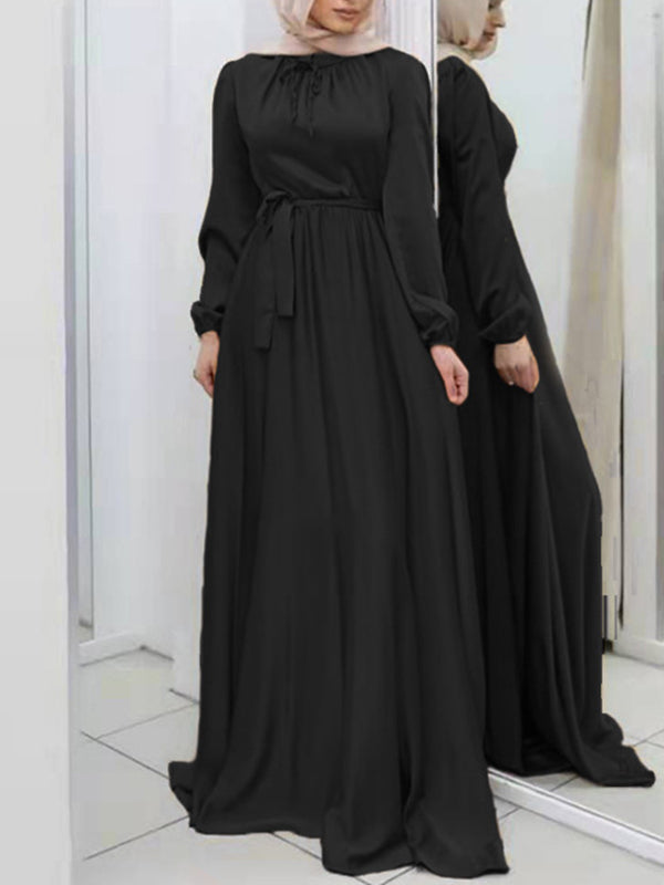 Long Sleeves Loose Pleated Solid Color Tied Waist Maxi Dresses
