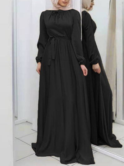 Long Sleeves Loose Pleated Solid Color Tied Waist Maxi Dresses