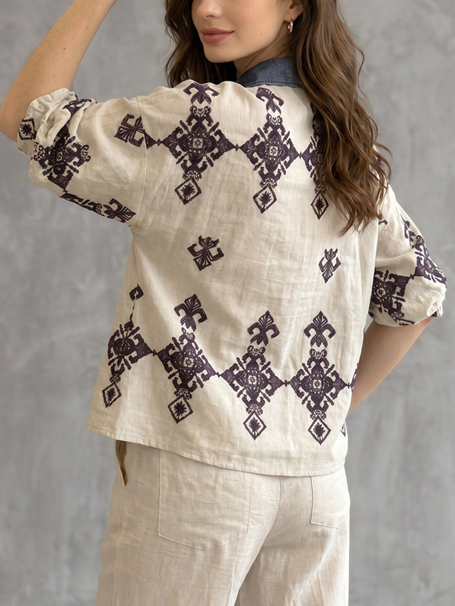 Half Sleeves Loose Buttoned Embroidered Printed Split-Joint Lapel Blouses&Shirts Tops