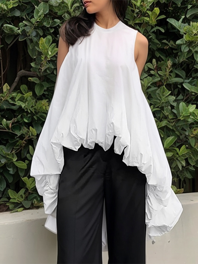 High-Low Loose Pleated Round-Neck Vest Top