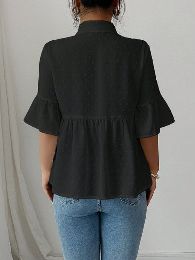 A-Line Flared Sleeves Buttoned Jacquard Pleated Solid Color Lapel Blouses&Shirts Tops