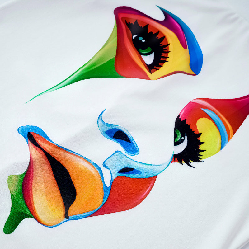 Cap Sleeve Loose Multi-Colored Printed High-Neck T-Shirts Tops