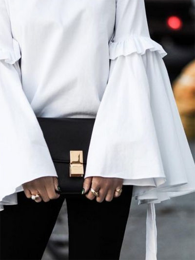 Flared Sleeves Loose Ruffled Solid Color Split-Joint Round-Neck T-Shirts Tops