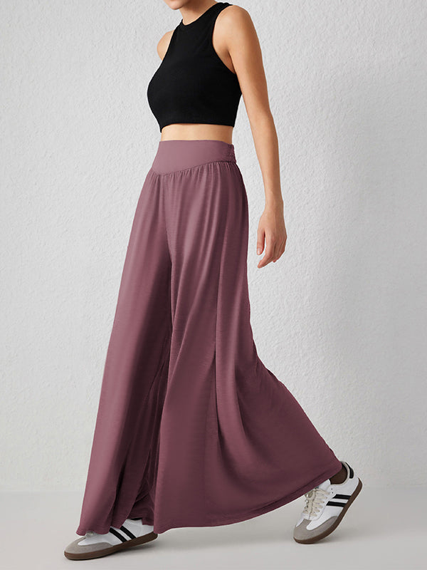 High Waisted Loose Pleated Pockets Solid Color Split-Joint Pants Trousers