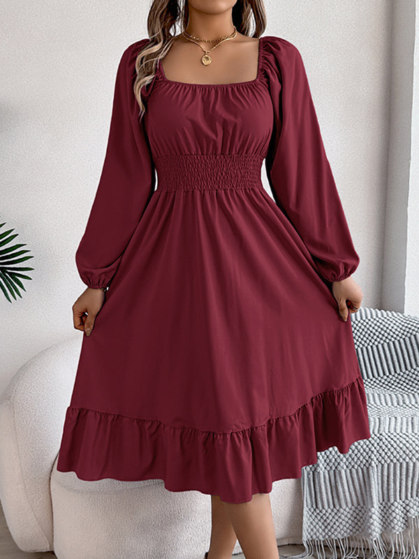 A-Line Elasticated Waist Pleated Ruffled Solid Color Square-Neck Midi Dresses