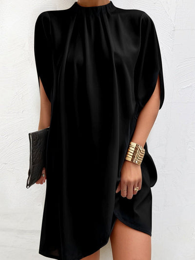 Loose Short Sleeves Solid Color Stand Collar Mini Dresses