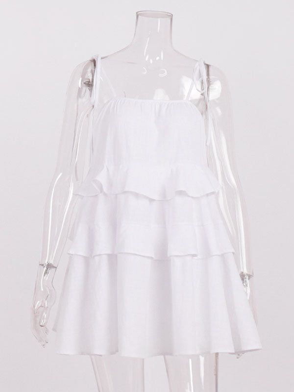 High Waisted Loose Backless Layered Pleated Solid Color Tied Spaghetti-Neck Mini Dresses