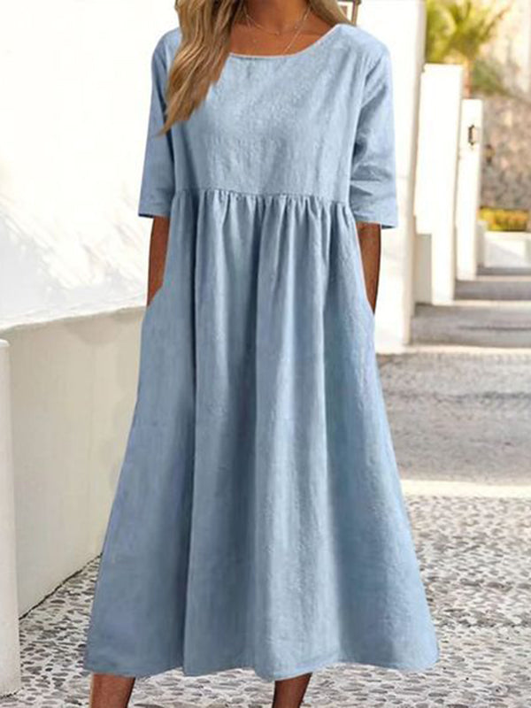 A-Line Half Sleeves Pleated Pockets Solid Color Round-Neck Midi Dresses