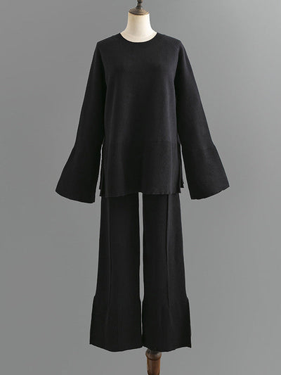 Casual Long Sleeves Loose Solid Color Round-Neck Sweater Tops & Wide Leg Pants Two Pieces Set