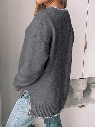 High-Low Long Sleeves Split-Joint Split-Side Round-Neck Pullovers Sweater Tops