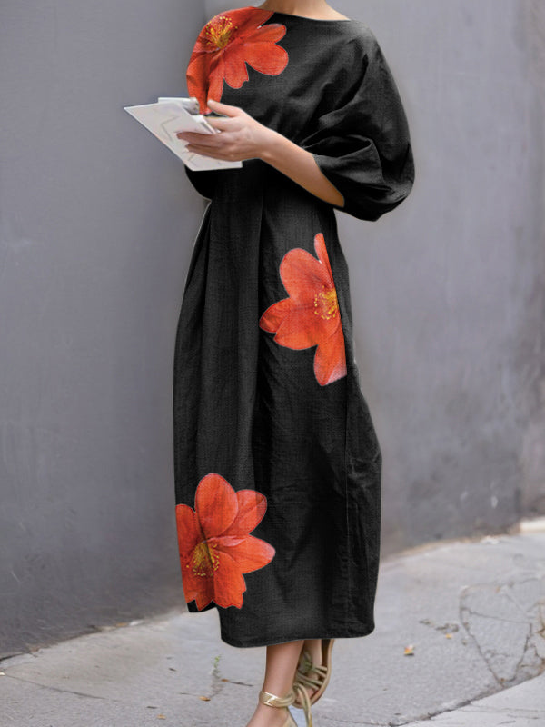 Half Sleeves Loose Flower Print Round-Neck Midi Dresses
