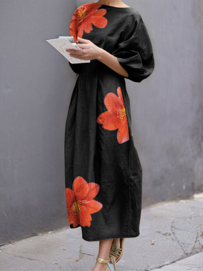 Half Sleeves Loose Flower Print Round-Neck Midi Dresses