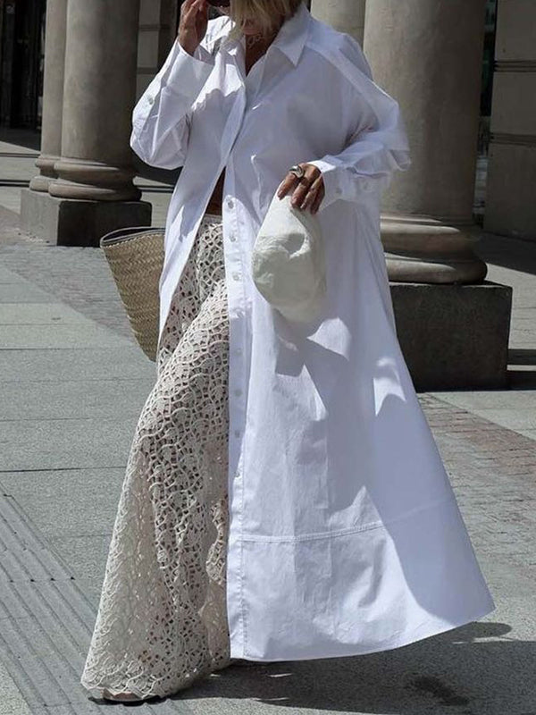 Long Sleeves Solid Color Split-Joint Lapel Maxi Dresses Shirt Dress