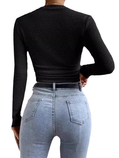 Long Sleeves Skinny Pleated Solid Color Split-Joint Textured Waffle Check Round-Neck T-Shirts Tops