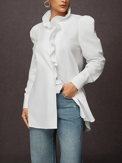 Loose Puff Sleeves Ruffled Solid Color Split-Joint Stand Collar Blouses&Shirts Tops