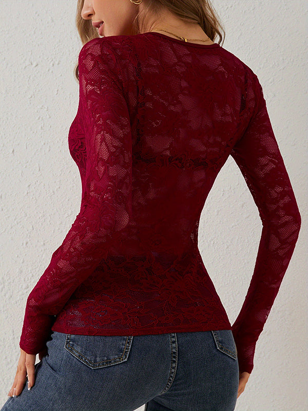 Long Sleeves Skinny Lacy See-Through Solid Color V-Neck T-Shirts
