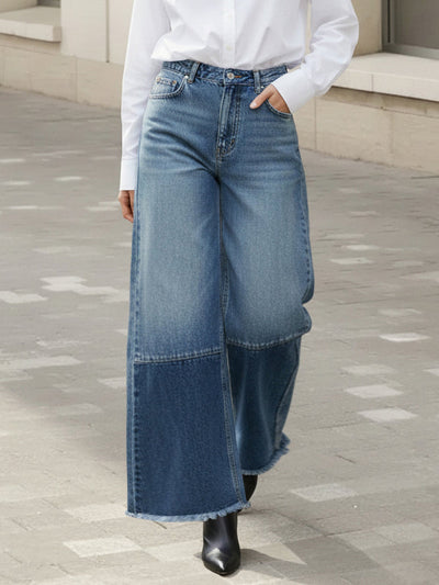 High Waisted Wide Leg Contrast Color Fringed Split-Joint Jean Pants Bottoms