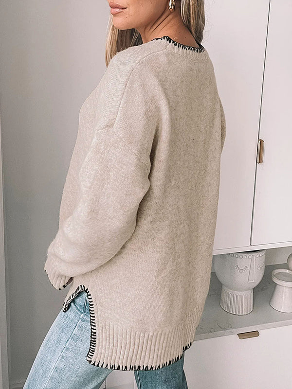 High-Low Long Sleeves Split-Joint Split-Side Round-Neck Pullovers Sweater Tops