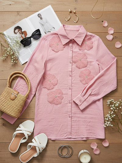 Long Sleeves Applique Split-Joint Lapel Blouses&Shirts Tops