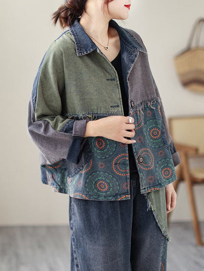 Contrast Color Fringed Split-Joint Long Sleeves Printed Outwear + Harem Pants  Two Pieces Set