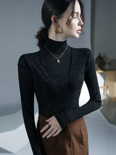 Long Sleeves Skinny Asymmetric Mesh See-Through Shiny Split-Joint Half Turtleneck Blouses&Shirts Tops