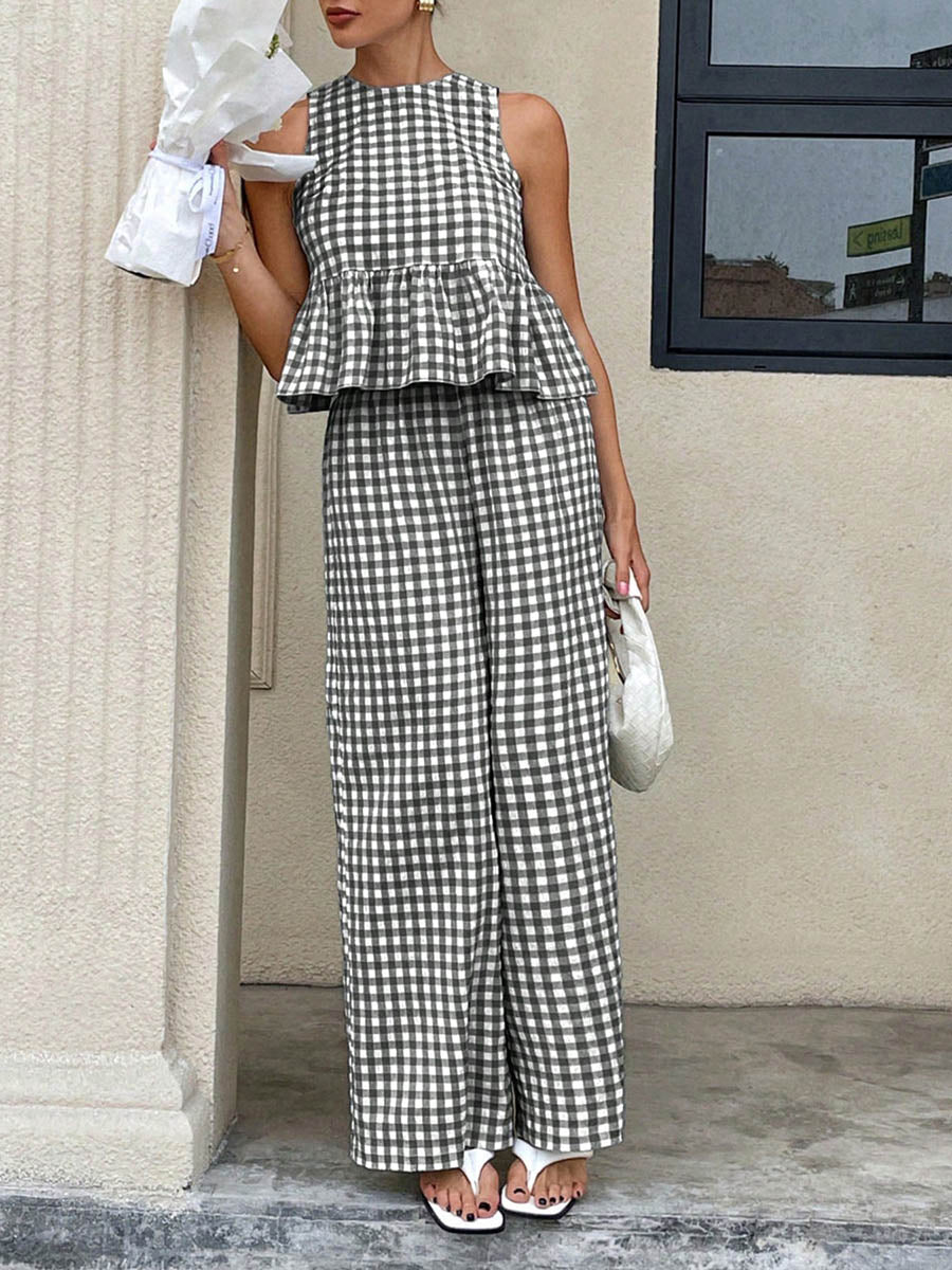 A-Line Loose Plaid Pleated Split-Joint Round-Neck Vest Top + Pants Bottom Suits
