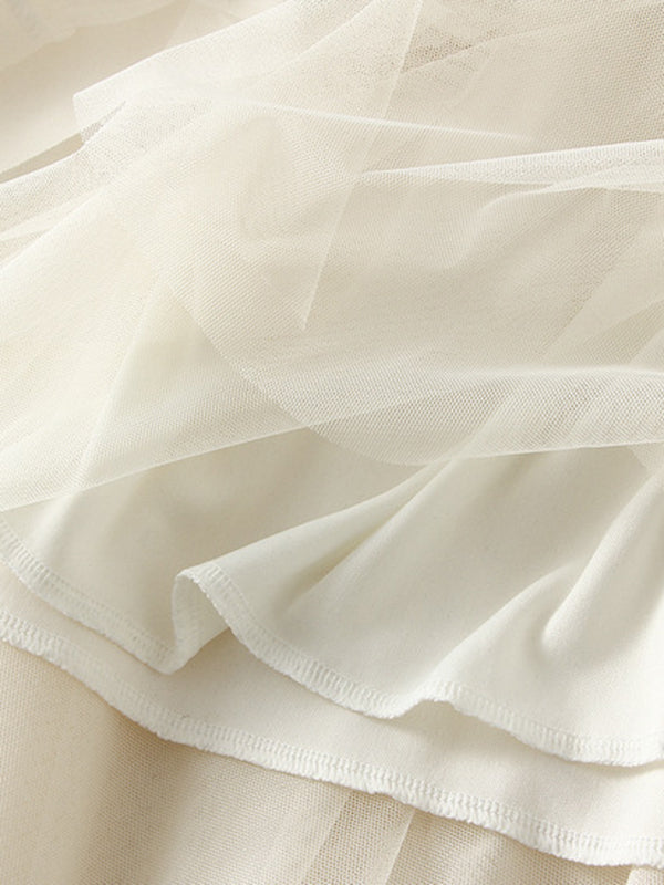 A-Line Loose Elasticity Gauze Pleated Solid Color Split-Joint Skirts
