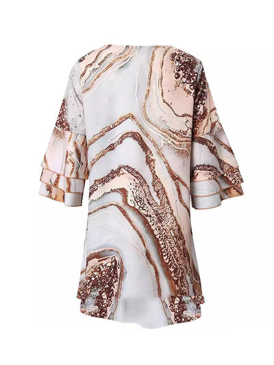 A-Line Flared Sleeves Layered Printed Split-Joint V-Neck Mini Dresses