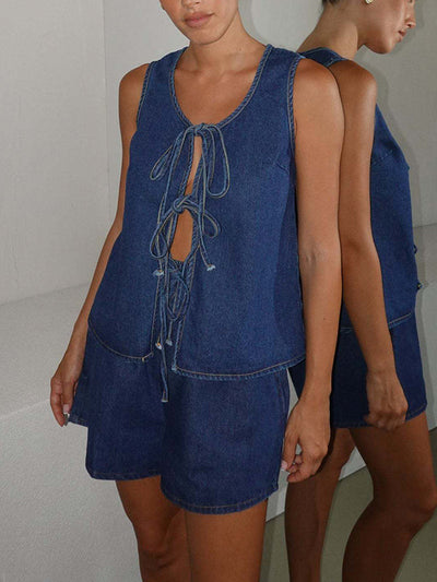 Loose Sleeveless Lace-Up Split-Joint Round-Neck Vest Top